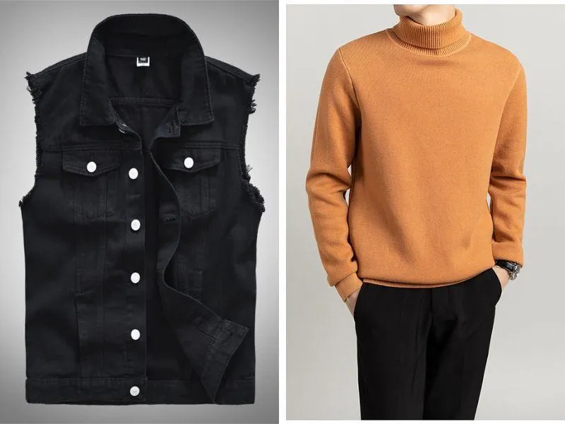 Phối Áo Khoác Jean Sát Nách Với Áo Len Cổ Lọ Ấm Áp Và Thanh Lịch