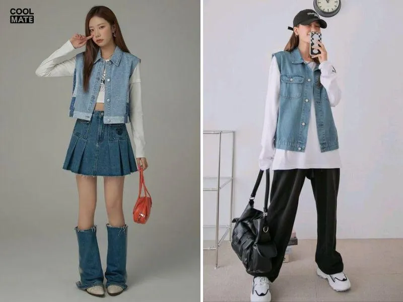 Áo Khoác Jean Sát Nách Nữ Kết Hợp Áo Thun Tay Dài Cho Ngày Thu Se Lạnh