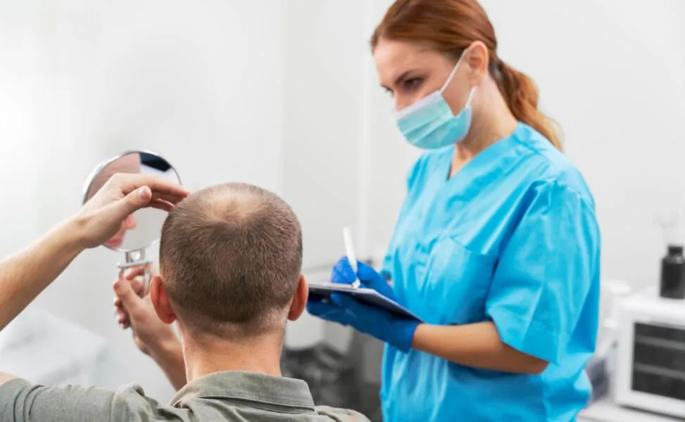 Bác sĩ da liễu đang khám và hướng dẫn điều trị hiệu quả cho da đầu bị ngứa chảy nước.